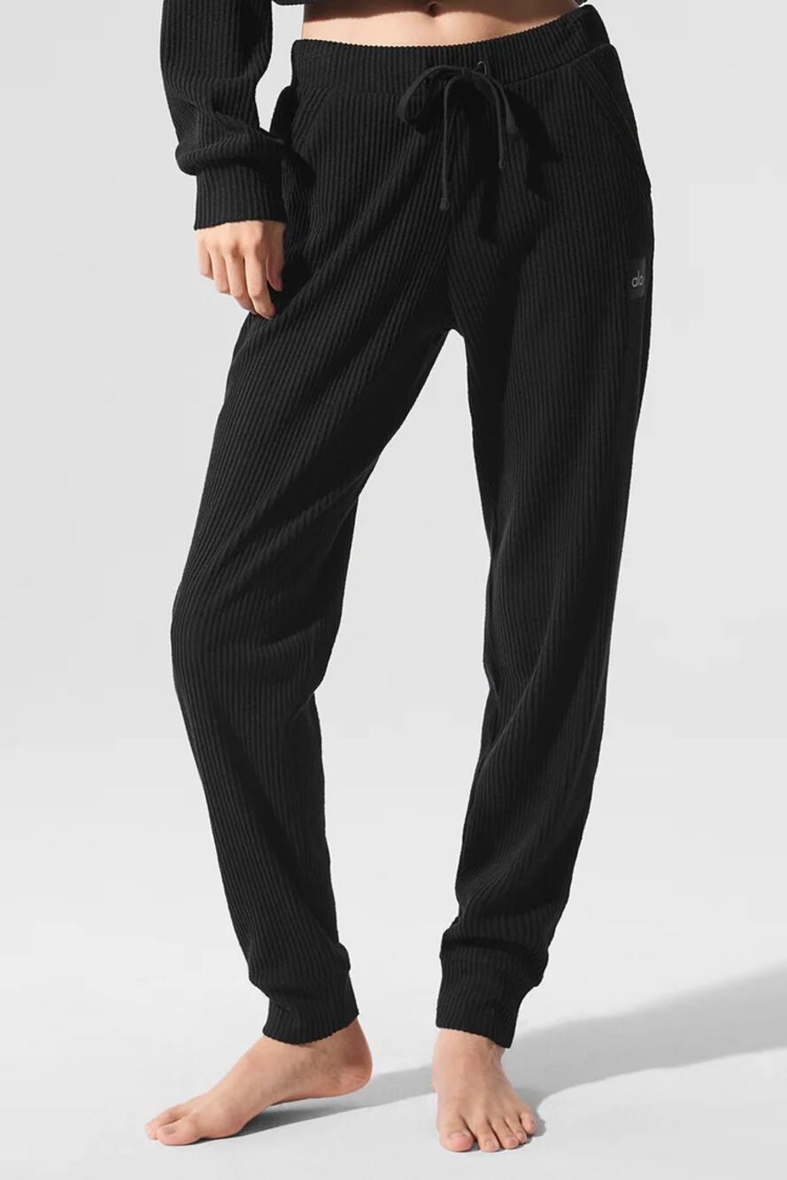 Alo Yoga Muse Sweatpant Black Ribbed Jogger High Rise Lounge Athleisure Women